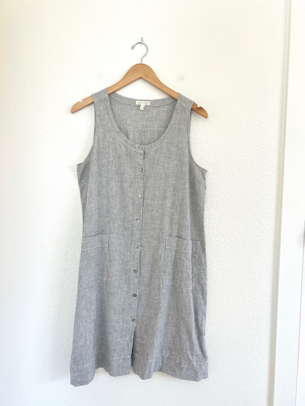EILEEN FISHER grey stripe organic hemp tank dress minimalist neutral / size S